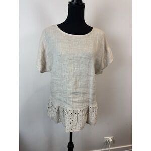 Spazio Chic Italy Linen Top Eyelet Peplum Small Beige Lagenlook Boho Resortwear